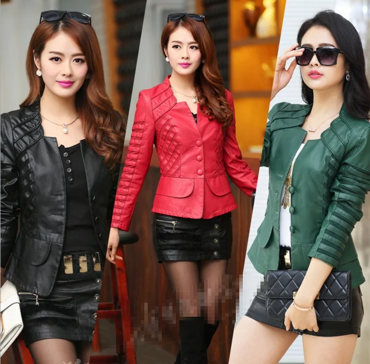 

ZY1007A high quality black leather woman leather jacket, Black/red/green