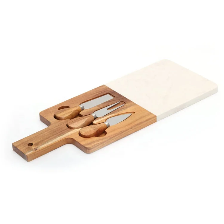 Serving board marble with acacia wood set with stainless steel knife, meat cheese server and cutting board as perfect gift