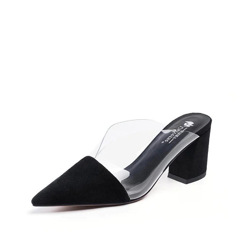 

J094 pointed toe mules shoes women heels kid suede ladies slippers, Black transparent/grey transparent/black check