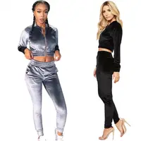 

C95044 Woman Clothing Casual Slim Solid Color Crop Top Velvet Two Piece Set