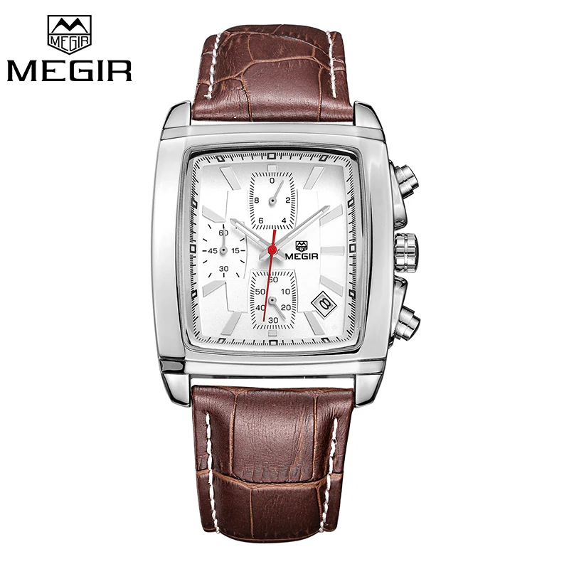 

Megir 2028 Hot Sell watches Casual Leather Band Analog Quartz Calendar Chronograph Square Watches Waterproof Male Timepiece, 2 colors to choose
