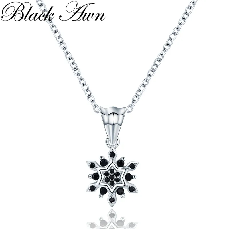 

[BLACK AWN] Trendy 2.9g 925 Sterling Silver Fine Jewelry Black Spinel Flower Slide Pendants Necklaces for Women P191