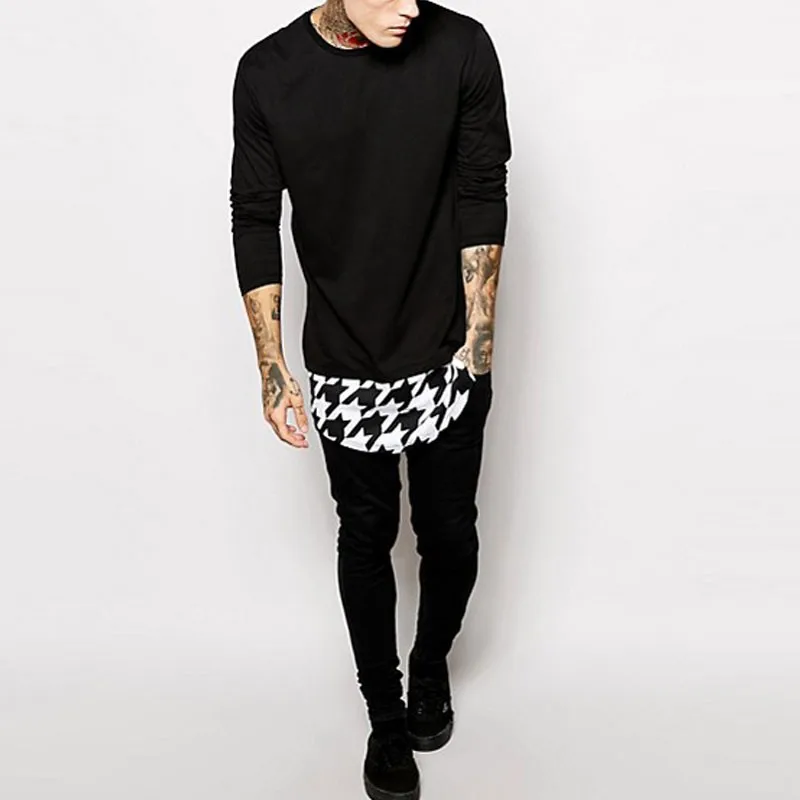 Long Sleeve Contrast Print Curved Hem Mens Fashion Longline T Shirt