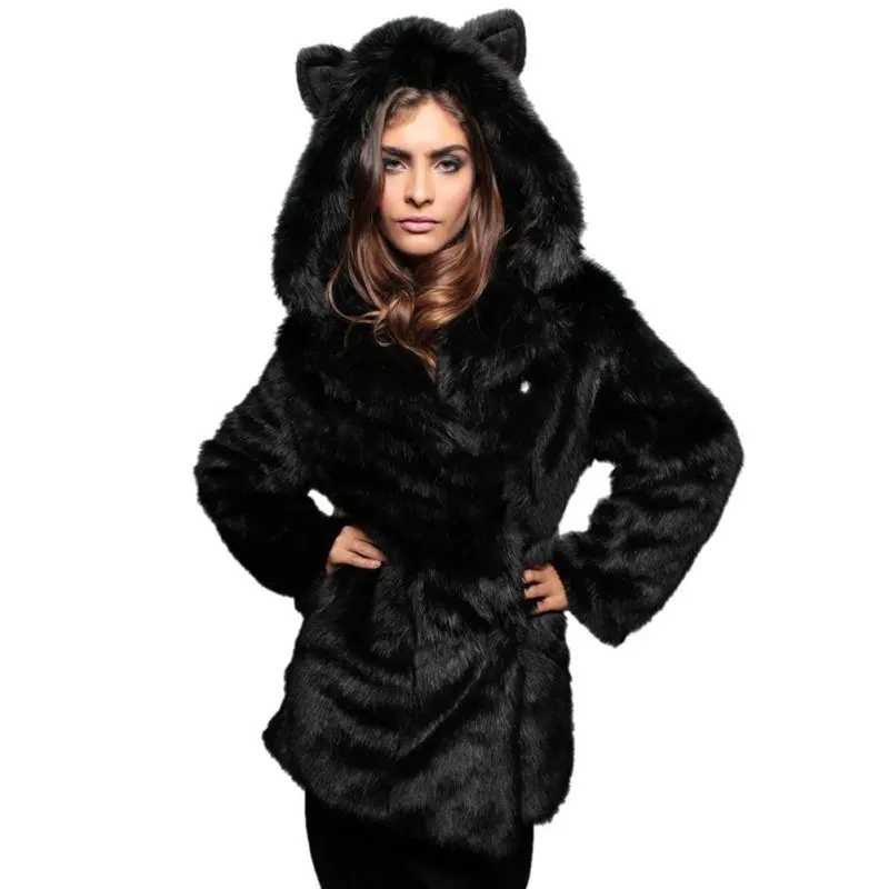 Fashion Winter Women Faux Fox Fur Coat Hooded With Cat Ears Thick Warm Long Sleeve Black Fake Fur Jacket gilet fourrure