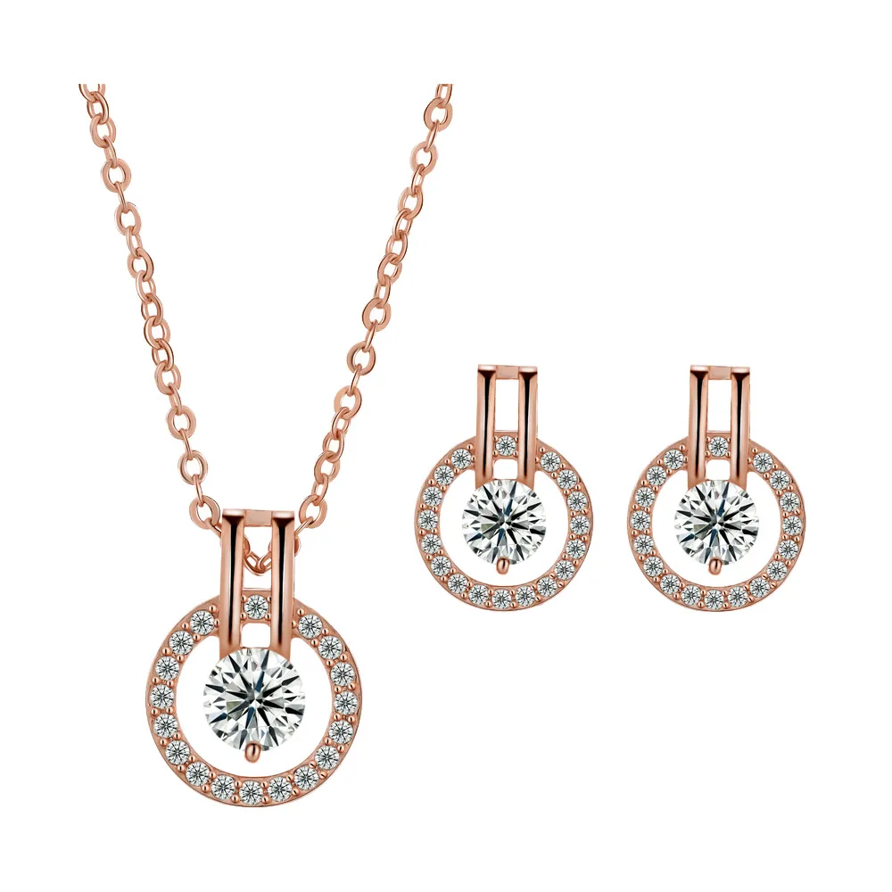 

Hot Sale Luxury Full Diamond Jewelry Lover Eyes Zircon Necklace Earring Set For Women, Rose gold and silver