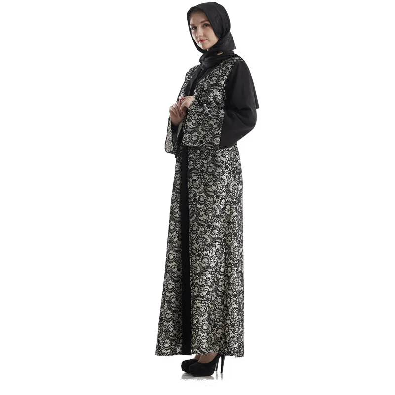 

Hot Sale Long Sleeve Front Open Abaya Turkish Lace Maxi Abaya Dress, Black