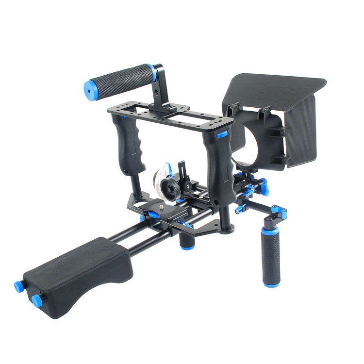 

Yelangu D221 Professional Aluminum Alloy and Plastic Filming System Shoulder Rig Camera Cage Kit For DSLR&Video Camera, Black and blue