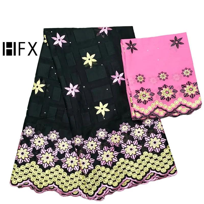 

HFX Free Shipping Lace Cotton Embroidered Swiss Voile Lace Bazin Riche Getzner African Fabric 2019, Black/pink