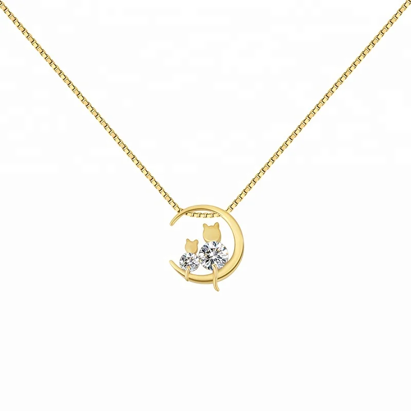 

Silver Couple Cat Simple Gold Plated Moon Pendant Necklace Silver Chain for Women