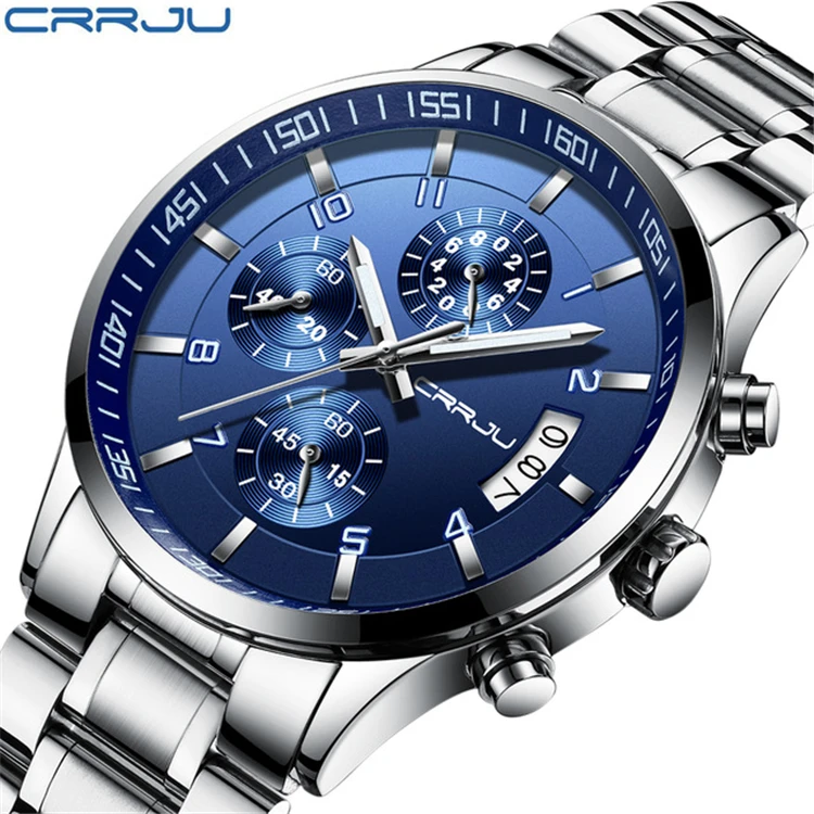 

CRRJU Brand Men Chronograph Luxury Waterproof Watches Fashion Black Business Clock For Men relogio masculino