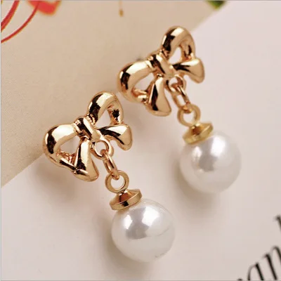

Hot Selling Cute Gold-Plated BowKnot Stud Earring Hanging High Bright Pearl Drop Earrings