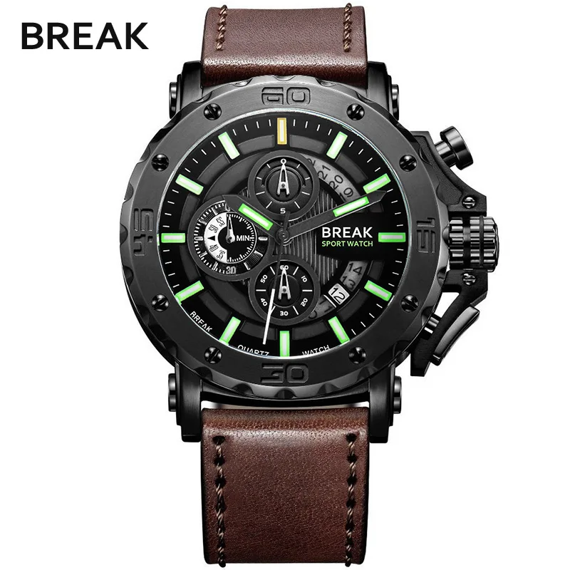 

Luxury Brand Military Big Dial Sports Chronograph Date Clock Luminous Hand Waterproof Leather Quartz Men's Fashion Break Watch