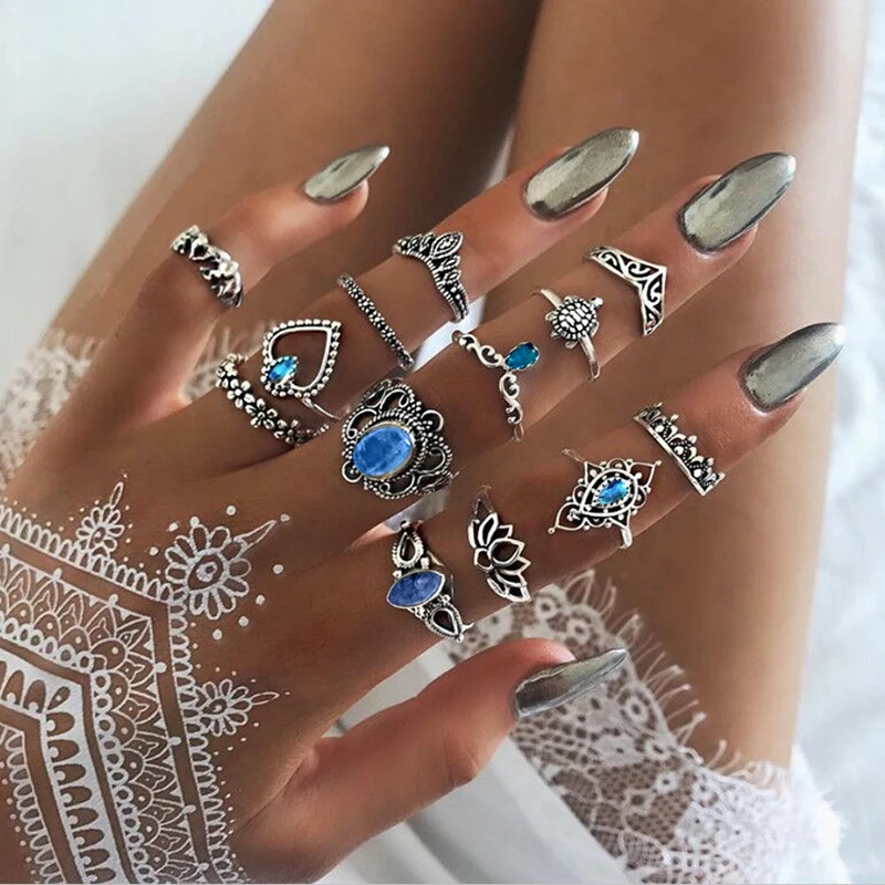

13 Pcs/Set Vintage Hollow Elephant Turtle Crystal Crown Finger Rings Set for Women Lotus Heart Midi Knuckle Rings (SK124), As picture