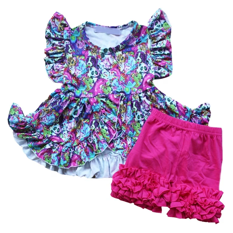 

Adorable Girls Clothes Sets Wholesale Panda Animals Printing Ruffle Tunic Tops With Shorts 2pcs Kids Outfits For Summer, Picture