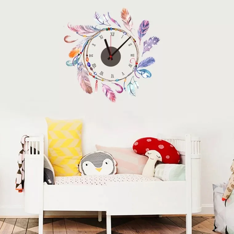 

promotion kids gift room decor feather wall sticker clock, Cmyk