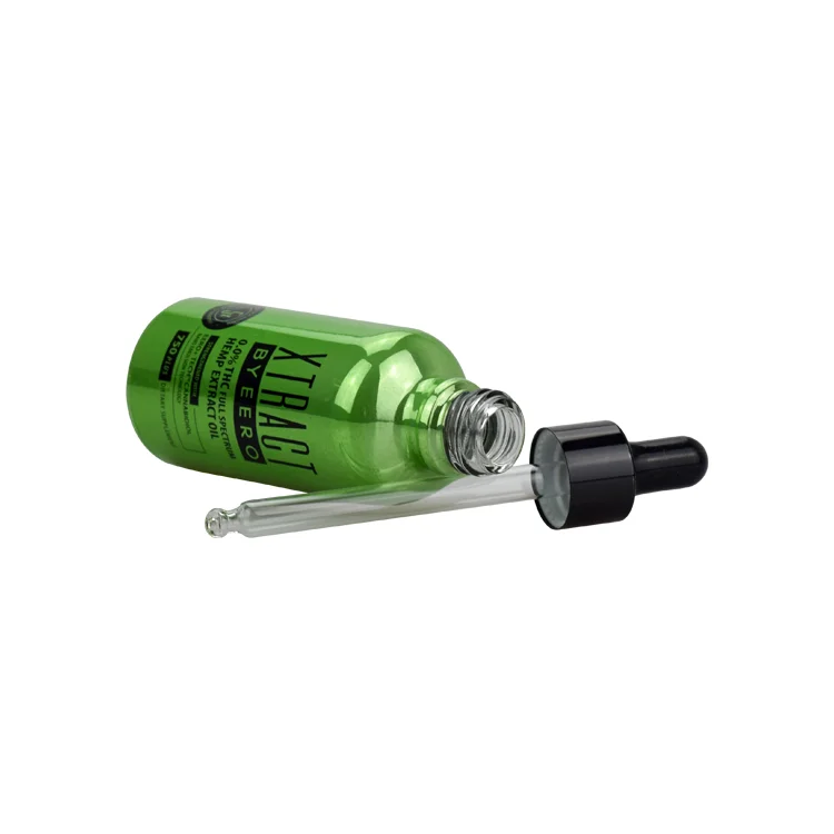 Luxury essential oil cosmetic packaging shiny green colored glass bottle with aluminum dropper 15ml