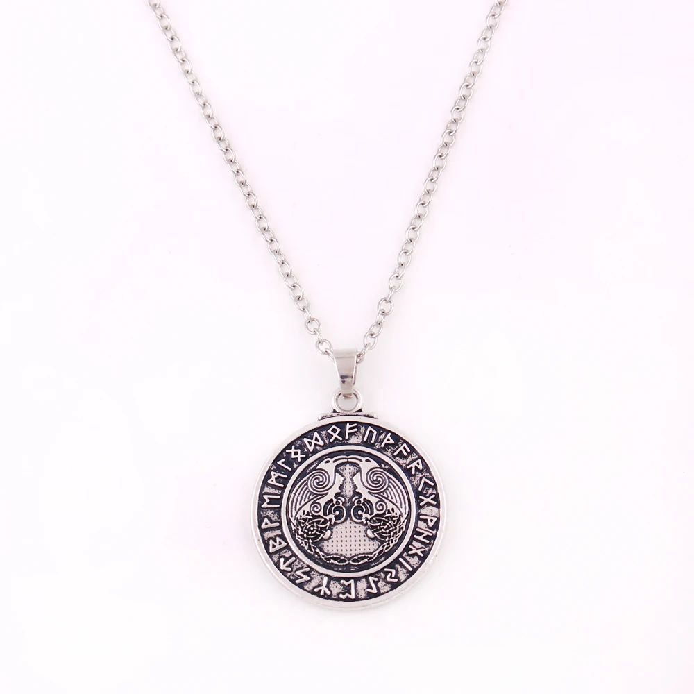 

N0138 Vintage Talisman Necklace Viking Raven Pendant Rune Link Chain Necklace, Antique silver , customized
