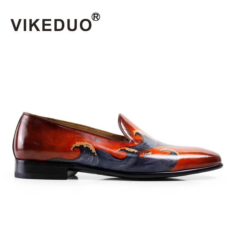 

VIKEDUO Hand Made Painted Pattern Ocean Wave Smoking Loafers Men Shoe Brands Mens Leather Loafer Shoes, Jacinth
