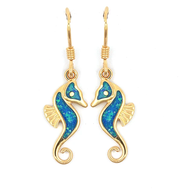 

925 Sterling silver Hawaiian jewelry seahorse blue synthetic opal hook wire earrings