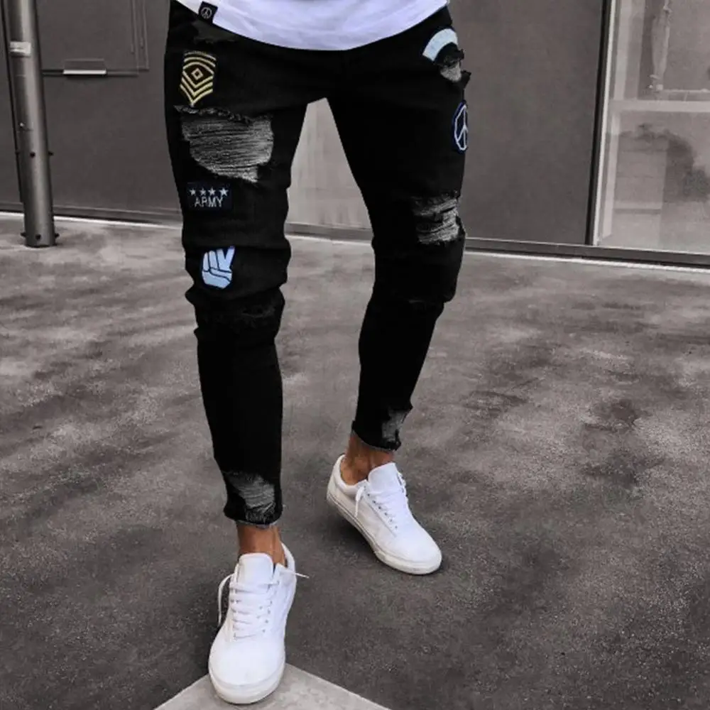 

Male's hip hop distressed streetwear slim zipper destroyed tapered figure flattering jeans in stock can drop shipping, Black