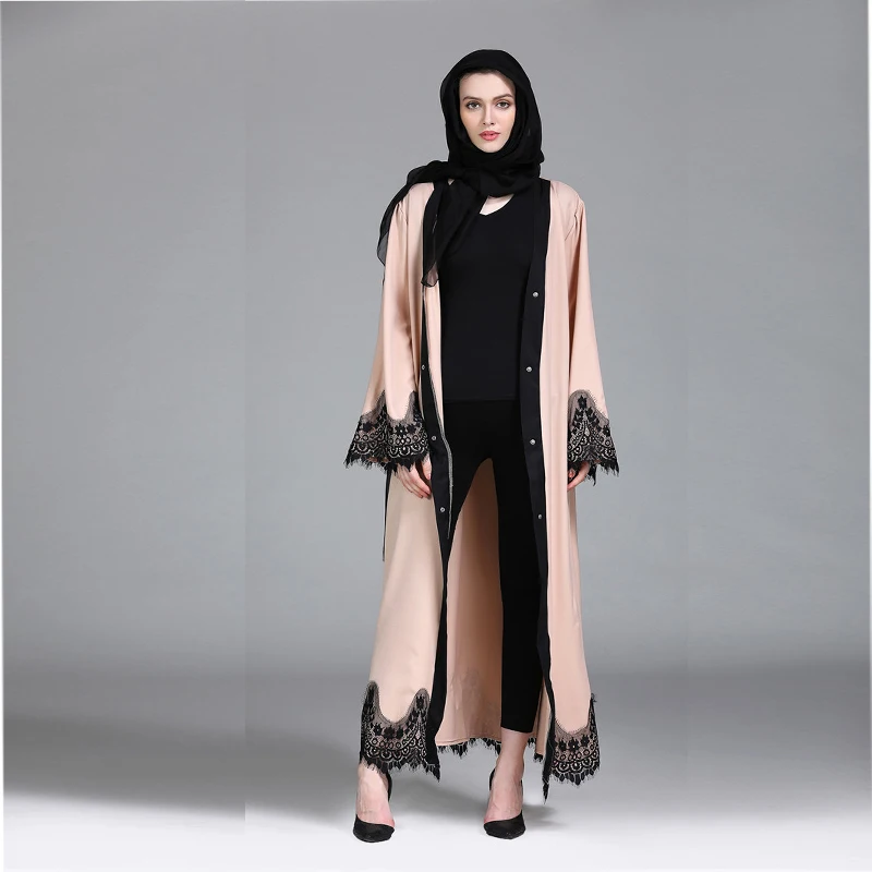 

Adult Lace Patchwork Apricot Cardigan Islamic Clothing Female Fashion Dubai Abaya Muslim Abaya Kimono Prayer Service Clothing, Pink