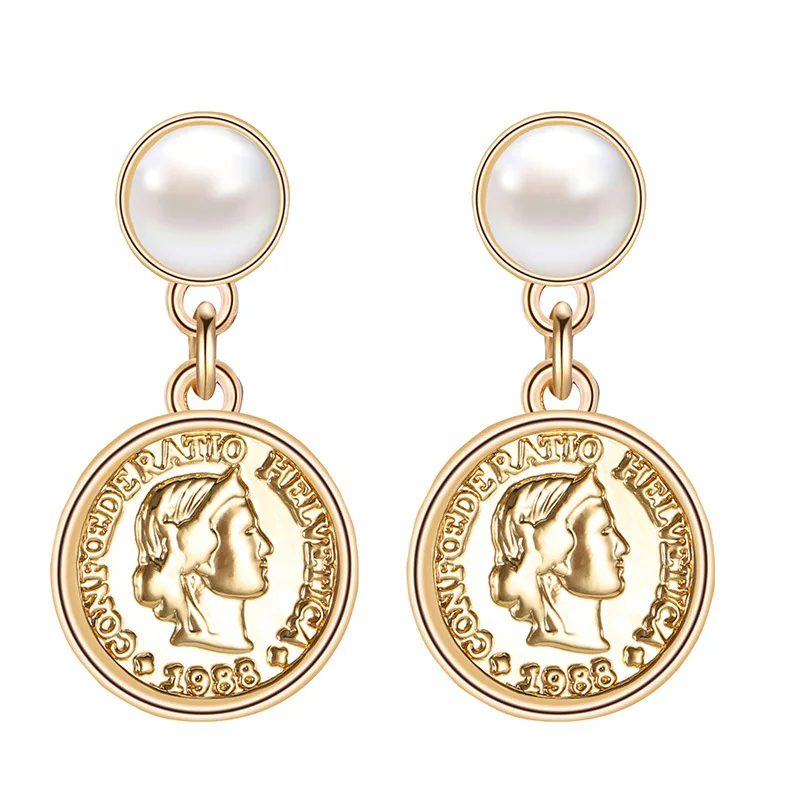 

10 Designs Vintage Coin Pendant Metal Drop Earrings Punk Gold Alloy Dangle Earring For Women, Gold/silver