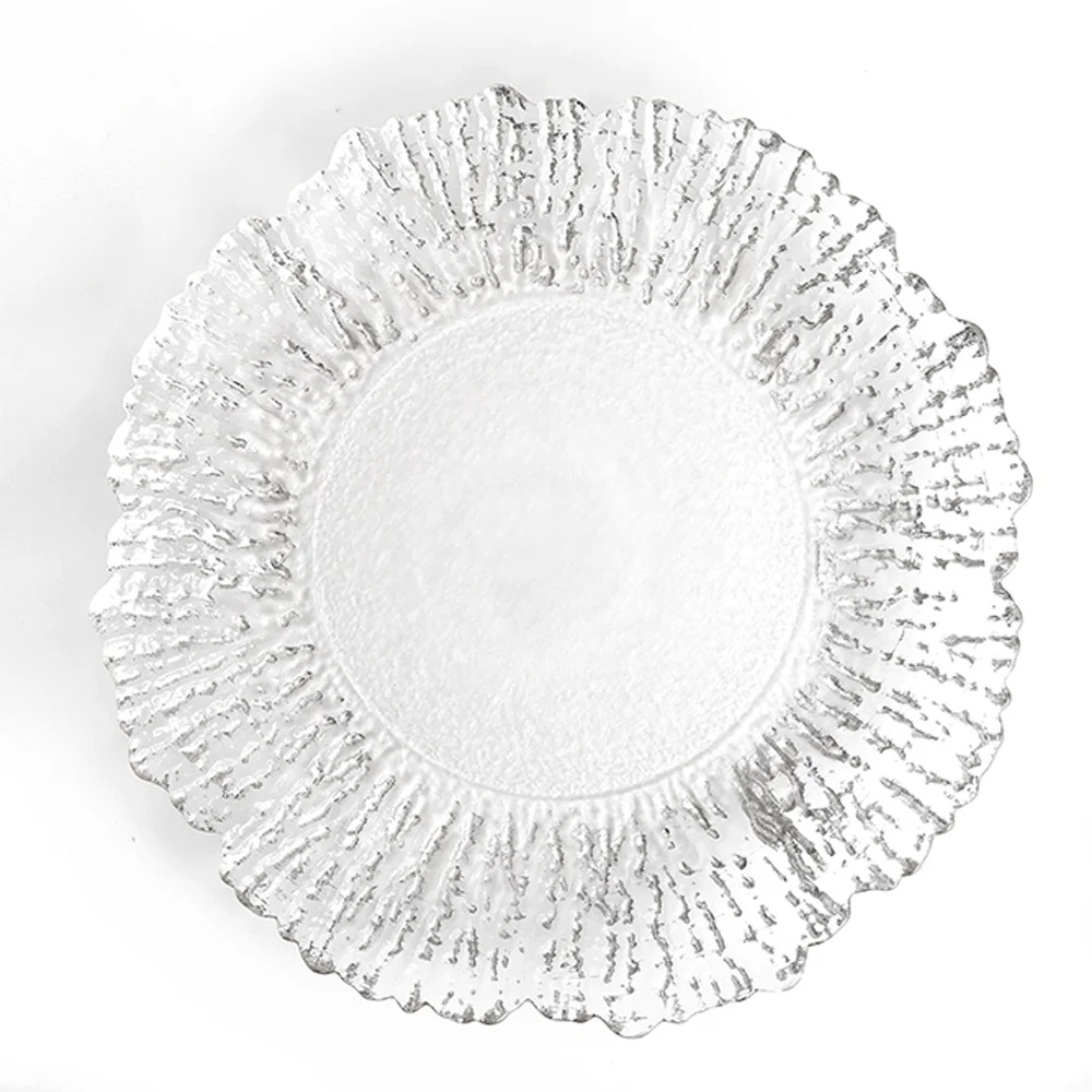 

Hot Sale 13 Inch Clear Glass Dinnerware Crystal Plate For Wedding Restaurant Use Coral Charger Plate, Customized