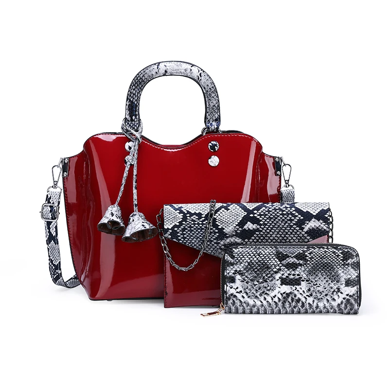 

JIANUO 2019 snake skin handbags for women ladies patent leather bag set