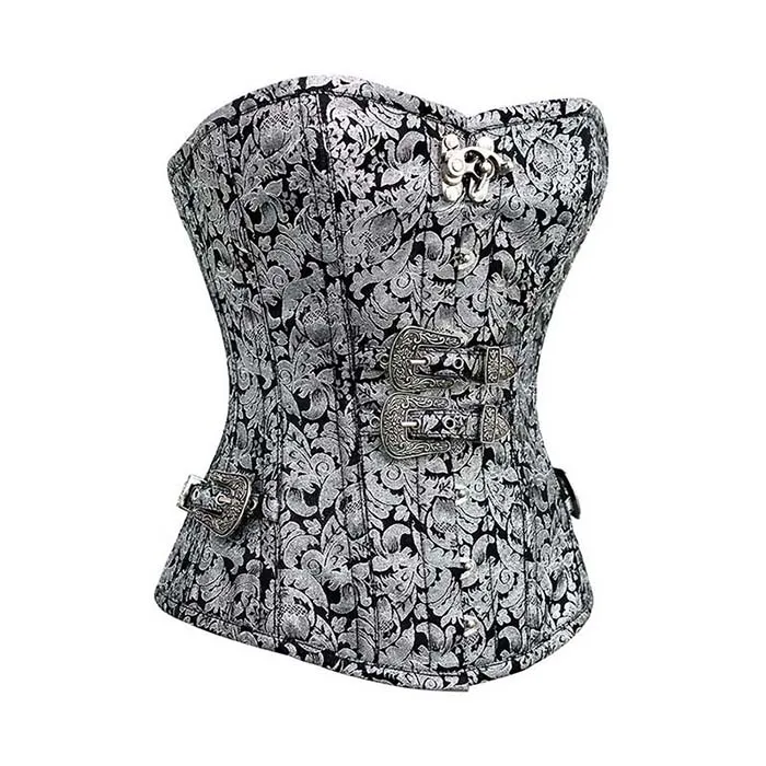 

Wonder Beauty Women Grey Retro Vintage Gothic Overbust Buckle Steampunk Corset Top, Grey steampunk corset