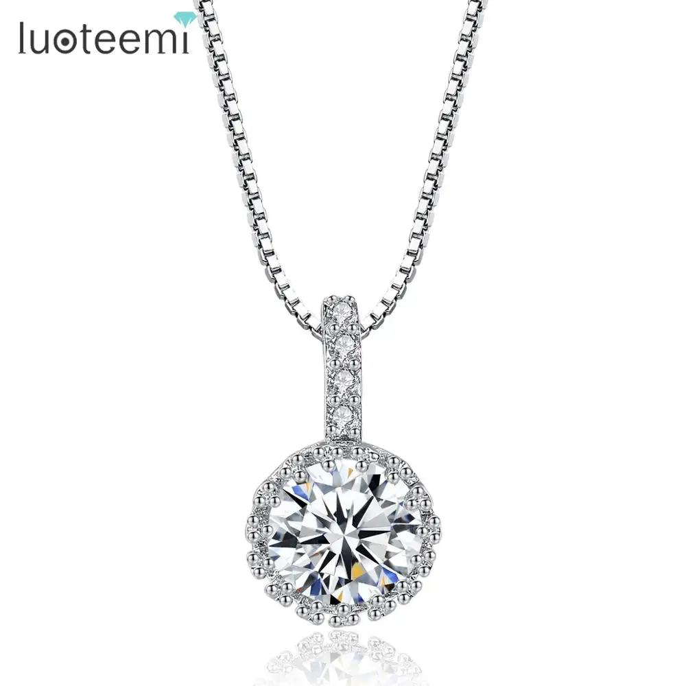 LUOTEEMI Fashion 1.5 Carat Hearts & Arrows Round Shape Zircon Pendant White Gold Plated Necklace