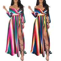 

Women Maxi Long Floor Length Casual Dress Female 2019 Summer FULL Sleeve Striped High Street Loose Party Dresses