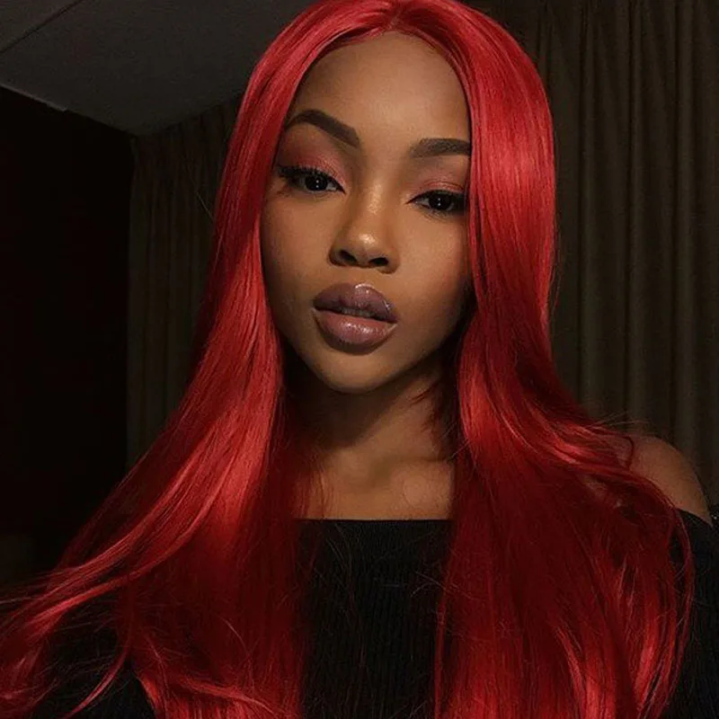 

Wholesale Heat Resistant synthetic lace front wig red short wig long straight synthetic dark red wig