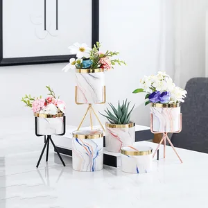 Image of Factory price table decorative wedding decoration home decor gold rimmed marble ceramic succulent pots with metal iron