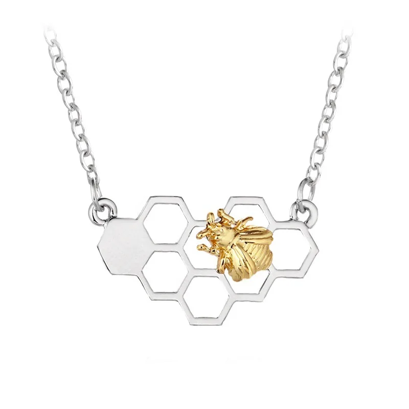

2019 New fashion cute golden geometric honey bee honeycomb necklace 925 sterling silver honeycomb pendant necklace, Picture