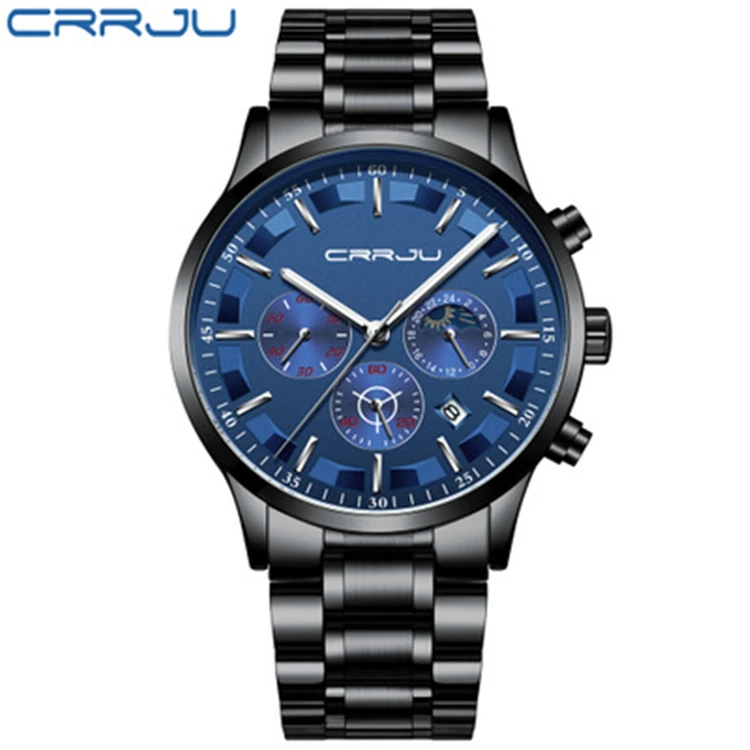 

CRRJU 2260 S Men Stainless Steel Quartz Watch Multi-function Chronograph Date Display Wristwatch
