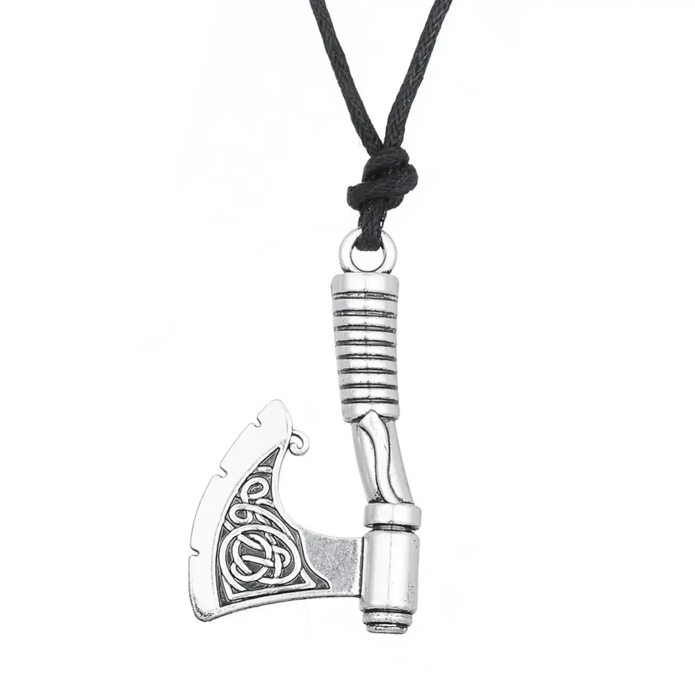 

Fashion Zinc Alloy Antique Silver Metal Jewelry Black Wax Cord Wiccan Dainty Viking Axe Charm Pendant Men Necklace for Men, Silver color