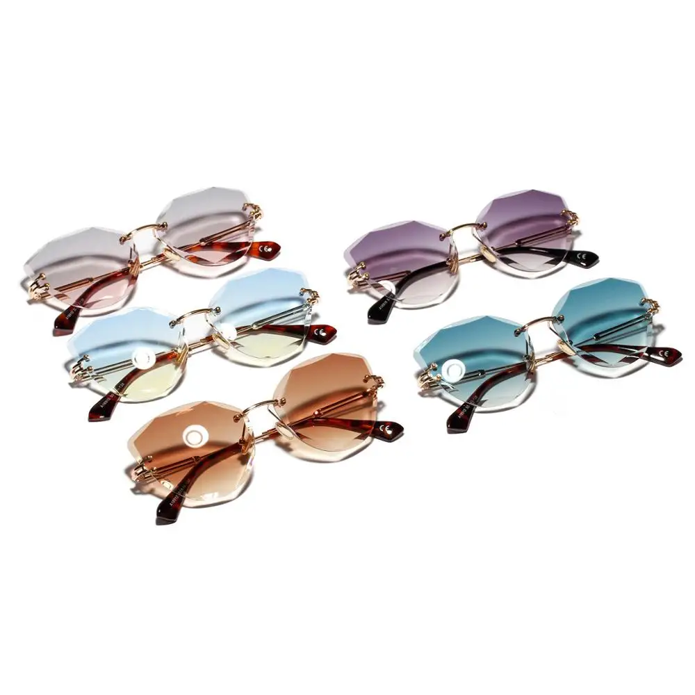 

New Arrivals Women Custom Brand Designer Retro Ocean Rhinestone Rimless Cat Eye Sunglasses 2019
