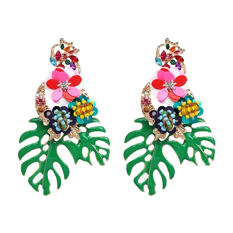 

JuJia Stock Women Brands Exaggerated Big Leaf Beaded Sequins Diamond Flowers Statement Earrings, Picture