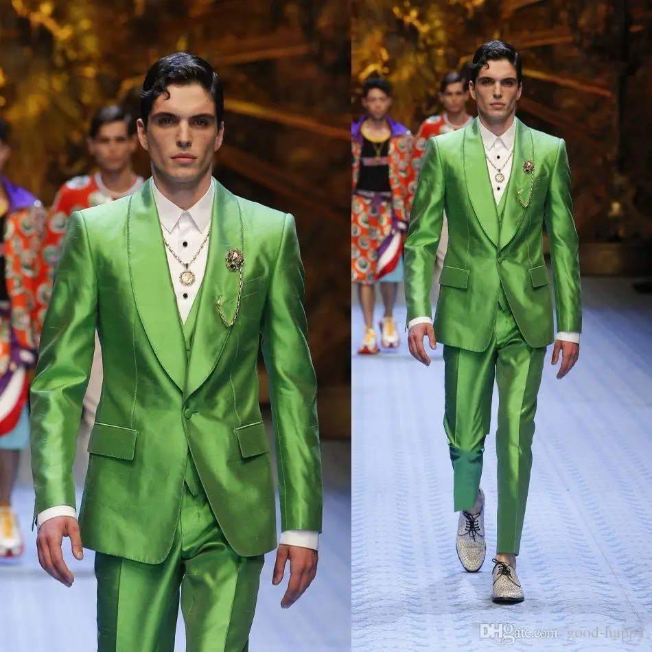 

Shiny Green Groom Tuxedos Excellent Men Wedding Dress Men Business Prom Party Dinner Holiday Suit(Jacket+Pants+Tie+Vest)