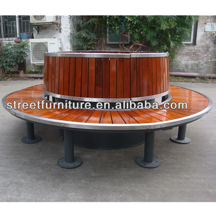 Outdoor Round Wooden Bench Furniture Seating With Stainless Steel