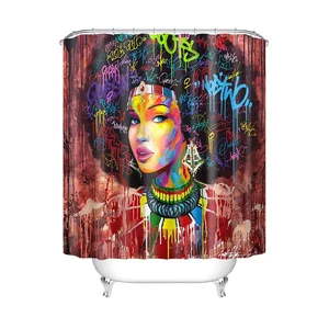 Image of African American Shower Curtain Art Design Fabric Hip Hop Bathroom Shower Curtain Girl Brown Background Waterproof Curtains