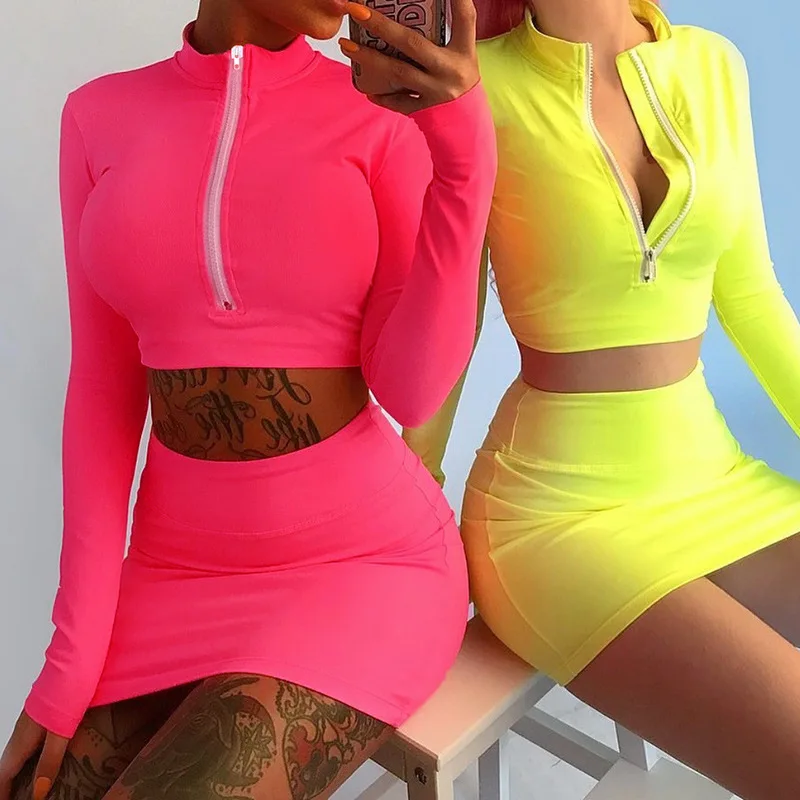 

wholesale fluorescence pink neon sports gym wear two piece set women dress clothing