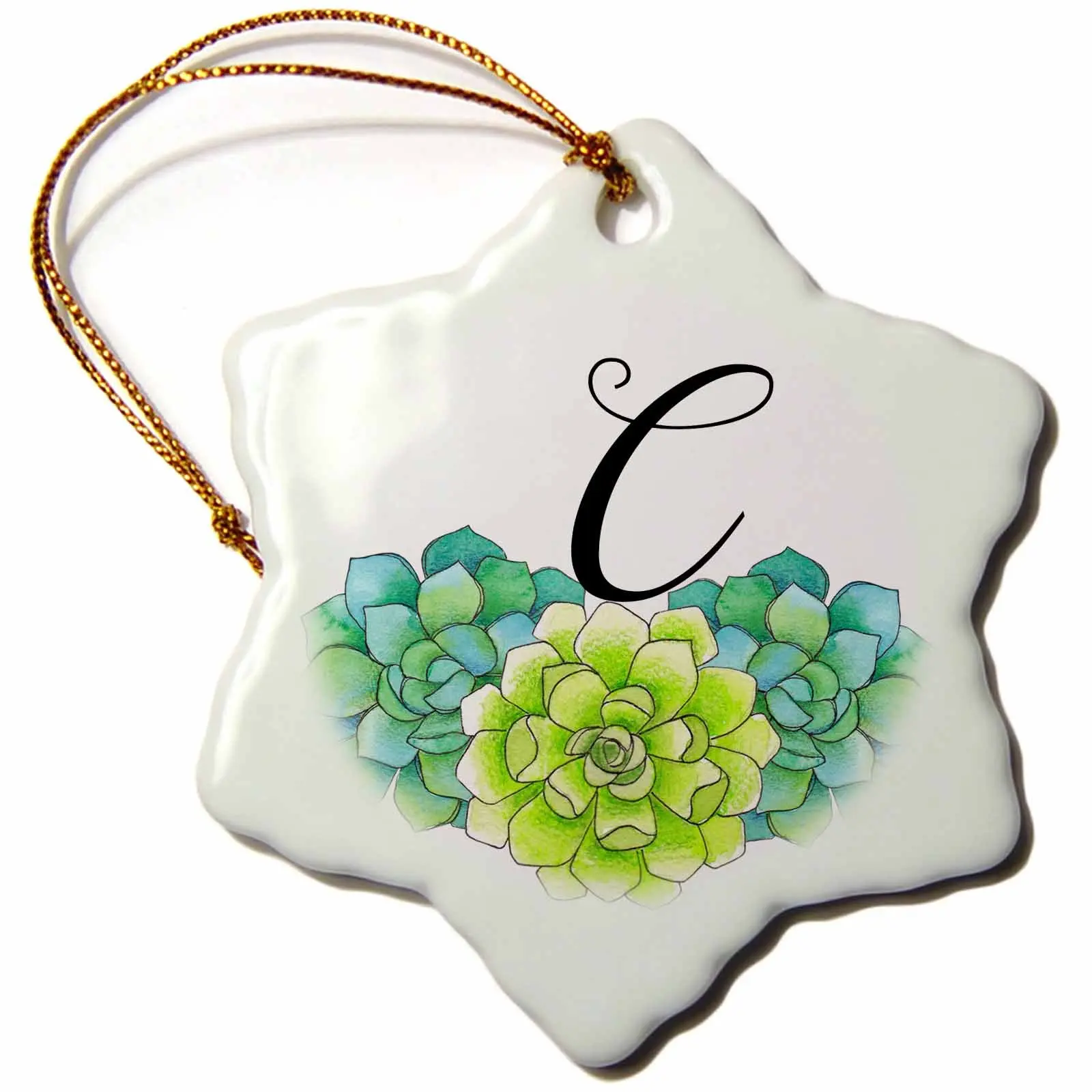 3dRose Anne Marie Baugh - Monograms - Pretty Watercolor Green Succulent Flowers Monogram C - 3 inch Snowflake Porcelain Ornament (orn_267752_1)
