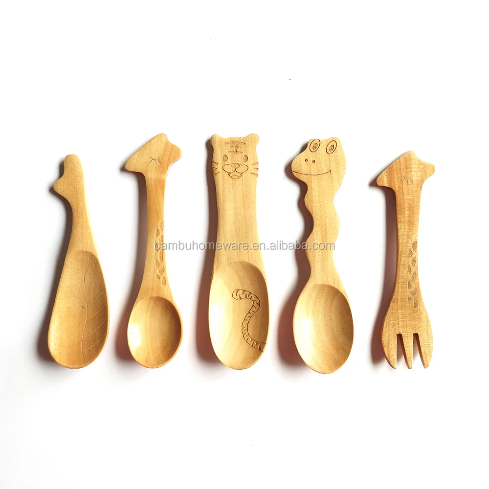 

Cute Cartoon Animals Pattern Natural Bamboo Cutlery Wooden Small Spoons for Children / Baby