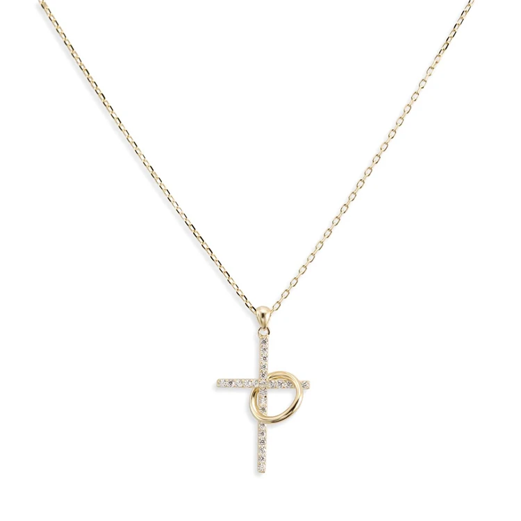 925 sterling silver diamond circle CZ pendant gold plated cross necklace