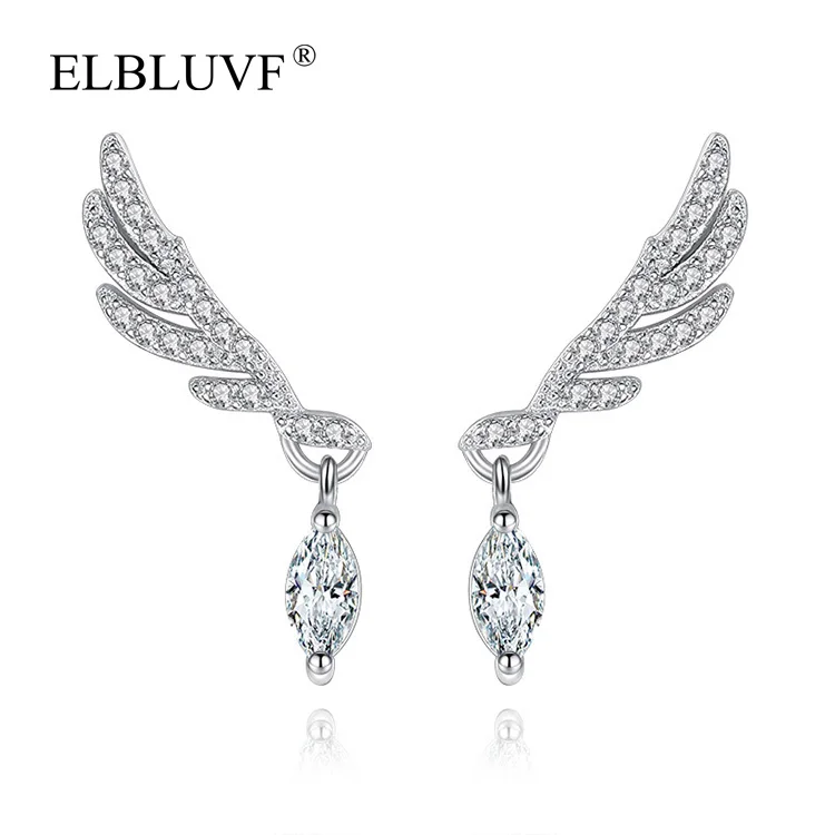 

ELBLUVF Free Shipping Copper Alloy 925 Silver Plated Eye Shape Zircon Feather Angel decorations Dangle Earrings Jewelry, White