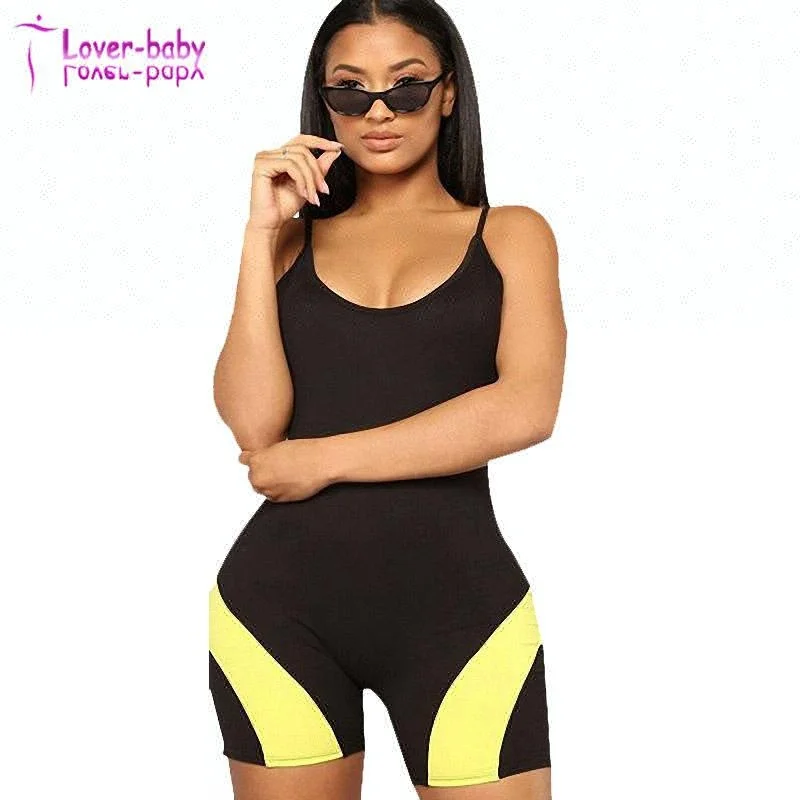 

High Quality Ladies Sexy Spaghetti Strap Patchwork Black One-piece Short Romper, N/a