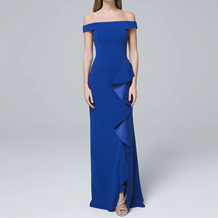 

2019 Mode Women Off the Shoulder Floor Length Ruffle Blue gowns evening dress, Customized