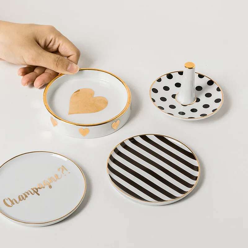 

Wedding decorative custom ring trinket tray / gold ceramic jewelry dish in gift box