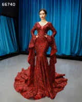 

Jancember RSM66740 Hot red v neck line lace shinning elegant long sleeve maxi evening dress 2019